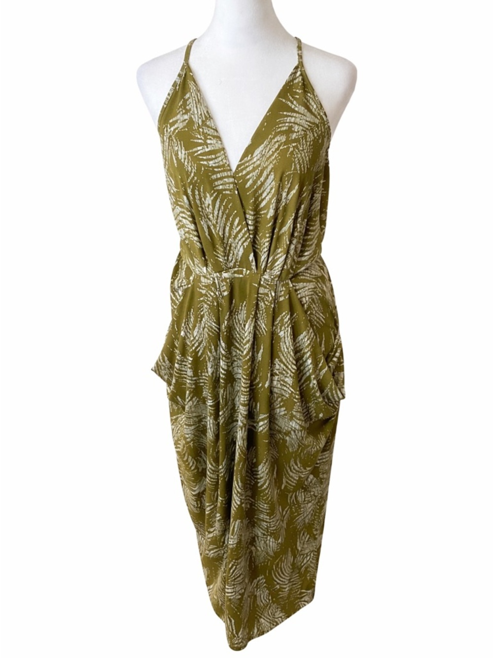 Madison Olive Green Printed Sleeveless Wrap Maxi Dress